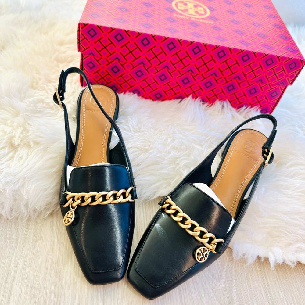 Tory Burch Perfect Black Slingback Loafers with Gold Chain